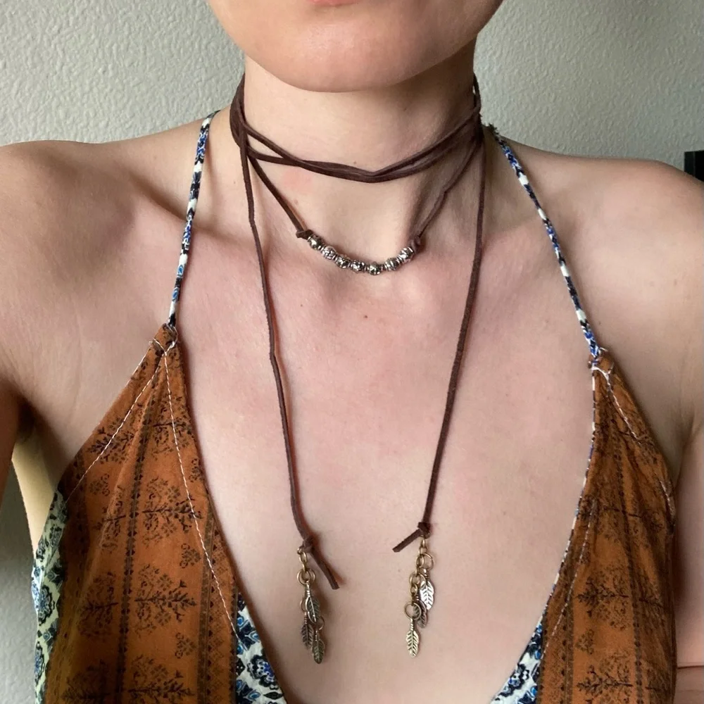 Boho Multi-Strand Suede Wrap Necklace with Silver Beads - Picture 3 of 5